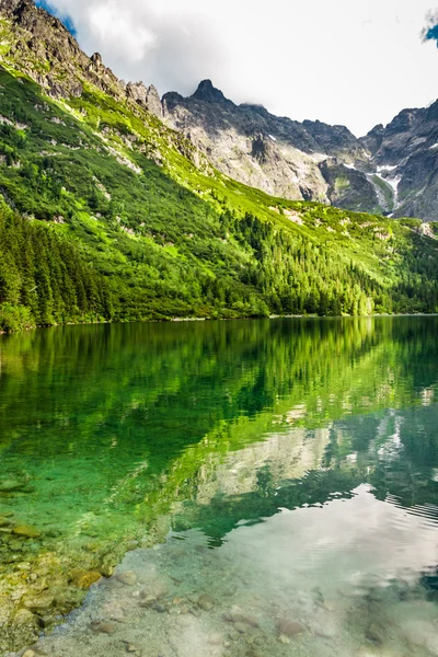 Lago de montaña con agua azul y montañas rocosas — Foto de Stock