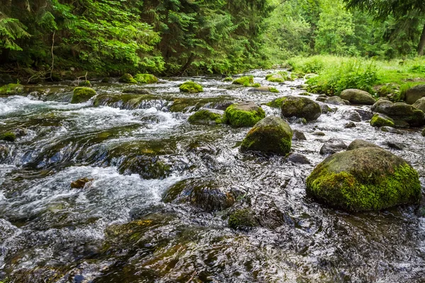 Гірський потік тече між мохоподібними каменями — стокове фото