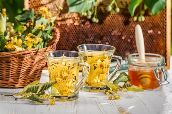 Summer lime tea with honey served in the garden — Stock Photo, Image