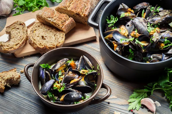 Närbild av musslor som en lunch vid havet — Stockfoto