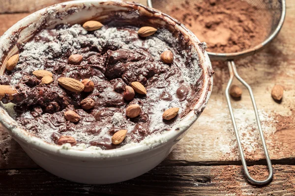 Closeup of homemade chocolate with almonds — Stock Photo, Image