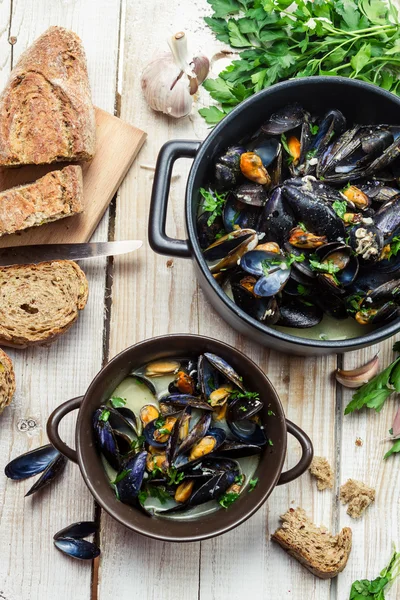 Primo piano delle cozze appena cotte a casa — Foto Stock