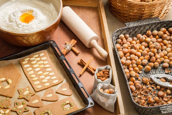 Dekorera pepparkakor cookies nötter strax före bakning — Stockfoto