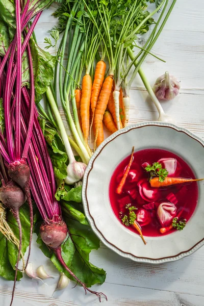 Beetroot soup with fresh vegetables on field — Stock Photo, Image