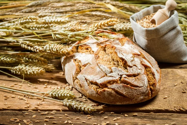 Freshly baked loaf of bread and a bag with grains — Stock Photo, Image