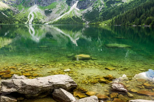 Lago di montagna con acqua blu e montagne rocciose — Foto Stock