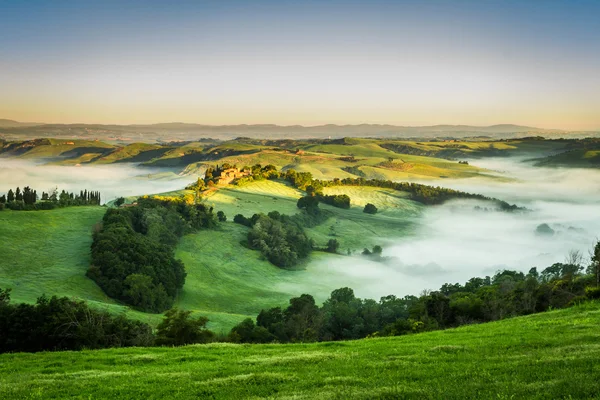 Foggy Valley om morgenen, Toscana – stockfoto