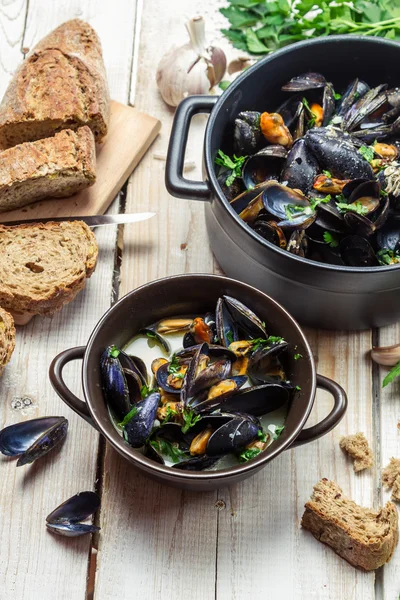 Fresh ingredients for a dish cooked with mussels — Stock Photo, Image