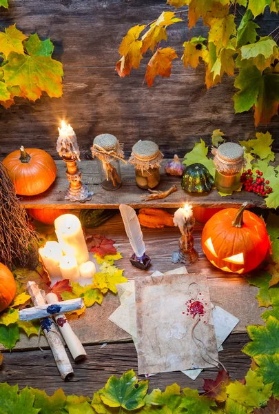 Enchanted place on the old witches table — Stock Photo, Image