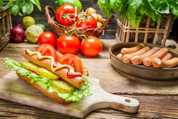 Primer plano de hot dog casero con un montón de verduras —  Fotos de Stock