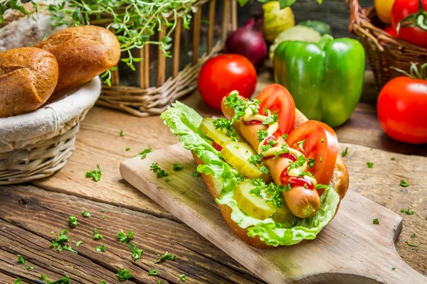 Fechar-se de cachorro quente caseiro com um monte de legumes — Fotografia de Stock