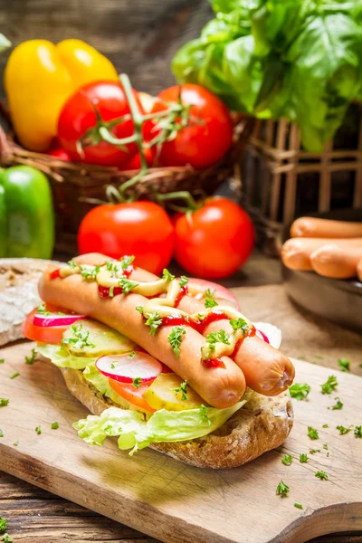 Primo piano di hot dog fatti in casa con un sacco di verdure — Foto Stock