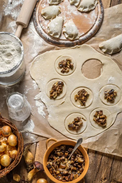 Ingrediënten voor zelfgemaakte dumplings met paddestoelen — Stockfoto