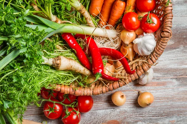 Närbild av korg med färska grönsaker — Stockfoto