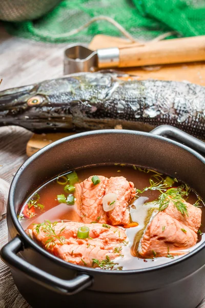 Pesce e verdure appena pescate per gli ingredienti della zuppa — Foto Stock