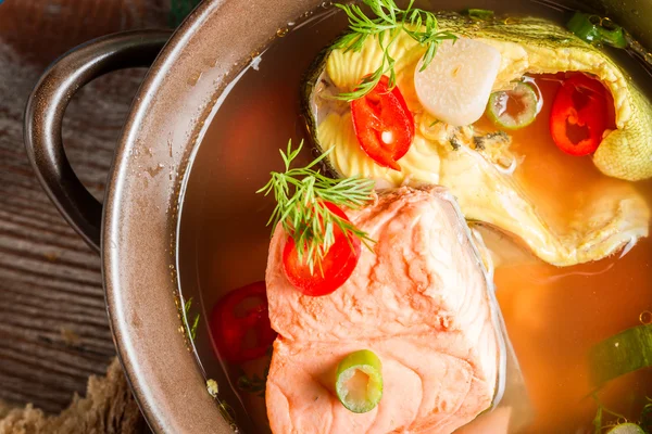 Ryby zupa ostro z koperkiem i chili pieprz — Zdjęcie stockowe