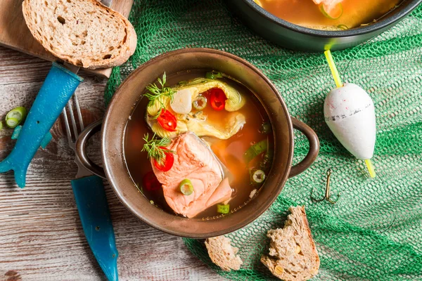 Рыбный суп с укропом и перцем чили — стоковое фото