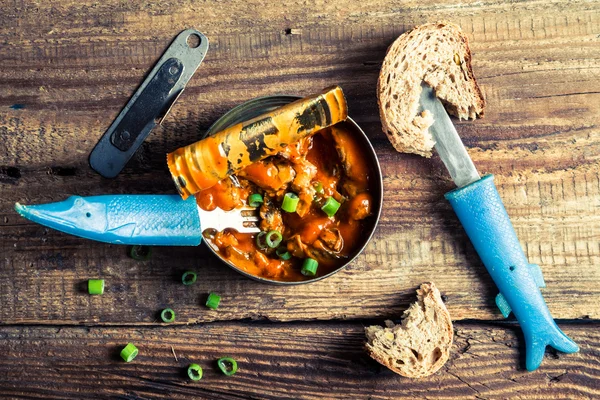 Kann der Fisch in Tomatensauce mit Brot serviert — Stockfoto
