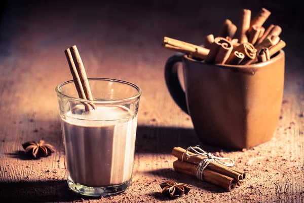 Cocoa milk with cinnamon bark — Stock Photo, Image