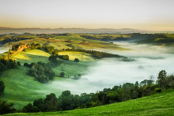 Mistige weilanden in de ochtend, Toscane — Stockfoto