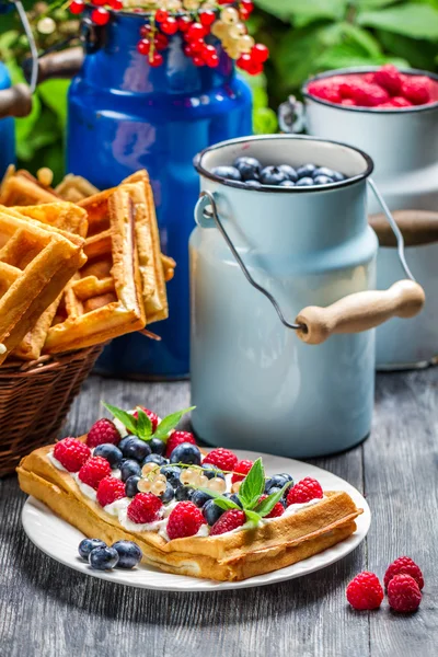 Waffeln mit Beerenobst und Schlagsahne — Stockfoto