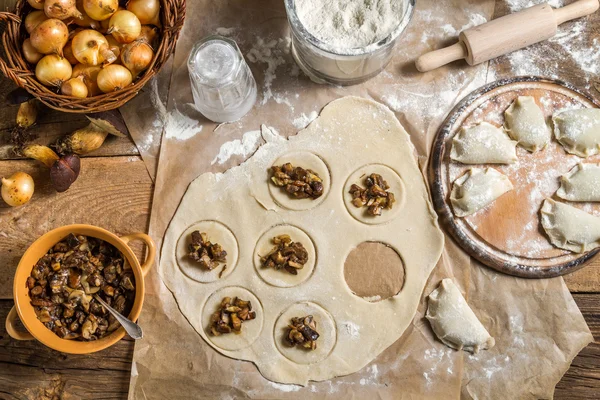 Hemlagade dumplings med lök och svamp — Stockfoto