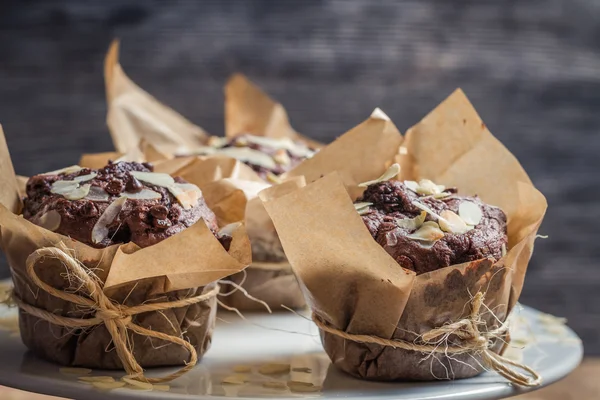 Closeup of plate full of chocolate muffins — Stock Photo, Image