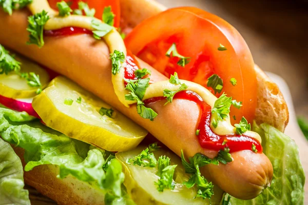 Primo piano di due hot dog fatti in casa freschi — Foto Stock