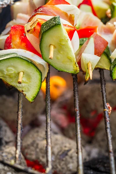 Hot skewers with vegetables on the grill — Stock Photo, Image