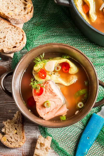 Ryby zupa z koperkiem i chili pieprz — Zdjęcie stockowe