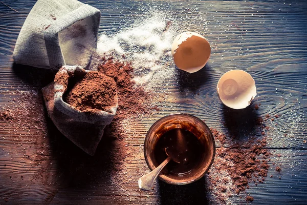 Taste of childhood, egg yolk with sugar and cocoa — Stock Photo, Image