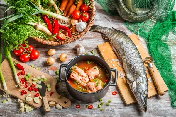 Pike and fresh vegetables for fish soup — Stock Image Pike and fresh vegetables for fish soup Royalty Free Stock Images