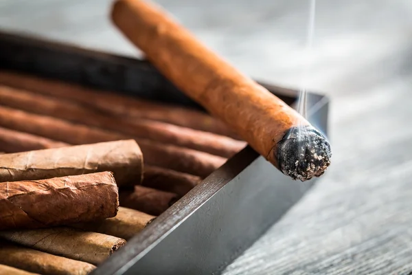 Burning cigar with smoke on wooden humidor — Stock Photo, Image