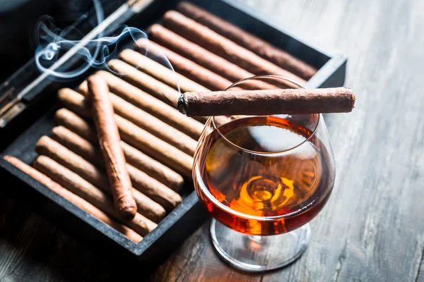 Burning cigar on humidor and cognac in glass — Stock Photo, Image