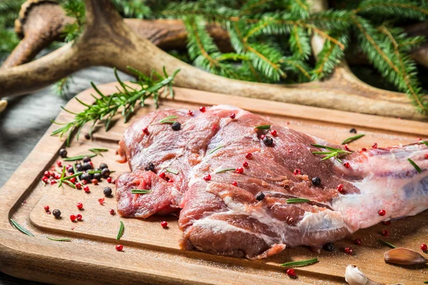 Piece venison on the background of spruce and antlers — Stock Photo, Image