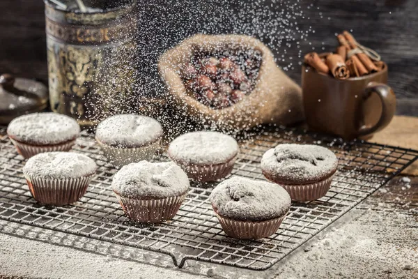 Falling powder sugar on fresh chocolate muffins — Stock Photo, Image