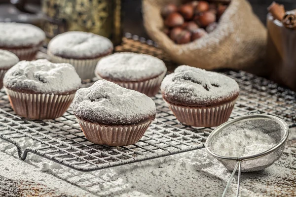 Vanilla muffins decorated with icing sugar — Stock Photo, Image
