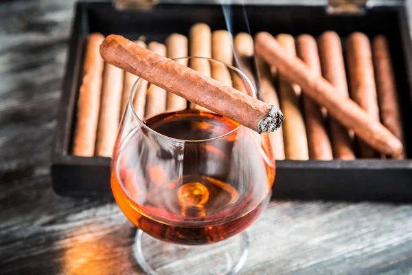 Brinnande cigarr på glas med cognac — Stockfoto