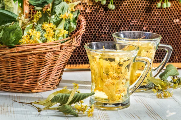 Tea with lime and honey served in the garden at summer — Stock Photo, Image