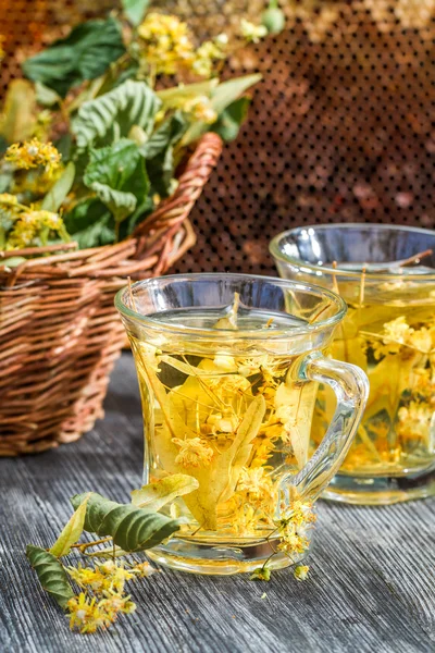 Te gjort av lime och honung serveras i trädgården — Stockfoto