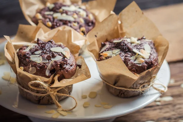 Closeup of plate full of chocolate muffins — Stock Photo, Image