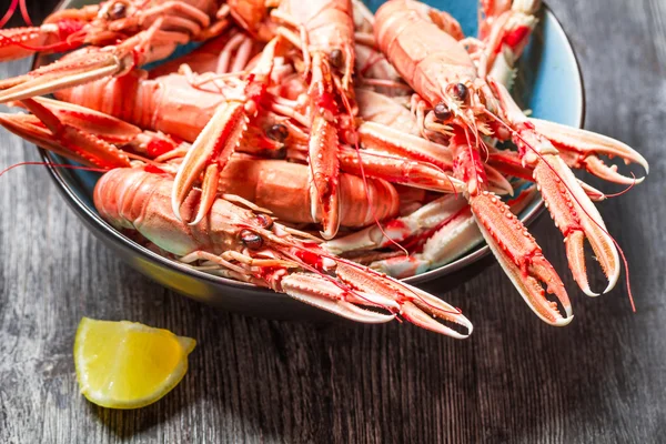 Primo piano di scampi cotti con limone — Foto Stock