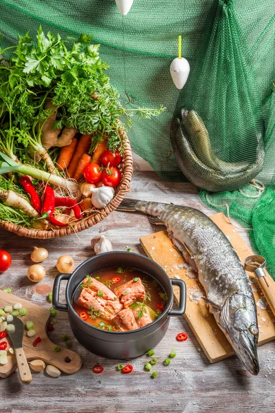 由新鲜蔬菜做成的鱼汤 — 图库照片