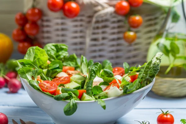 Närbild av att förbereda en hälsosam spring sallad — Stockfoto