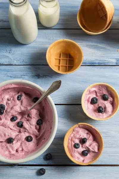 Preparing homemade blueberry ice cream — Stock Photo, Image