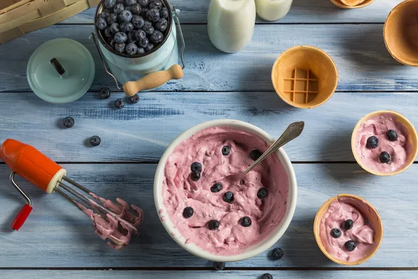 Ingredients for homemade blueberry ice cream — Stock Photo, Image