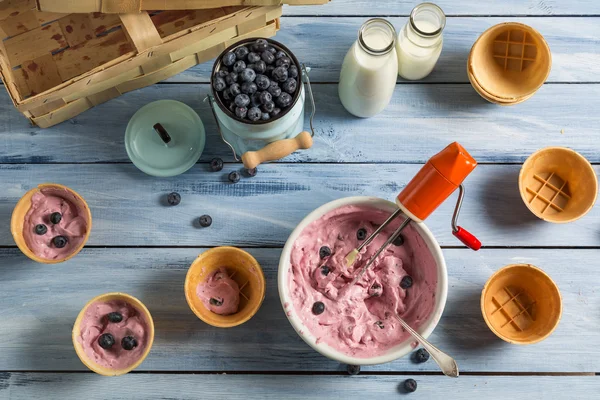 Homemade production line of blueberry ice cream — Stock Photo, Image