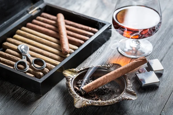 Brandende sigaar in asbak en cognac — Stockfoto