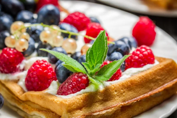 Nahaufnahme von Waffeln mit Sahne und Beerenfrüchten — Stockfoto