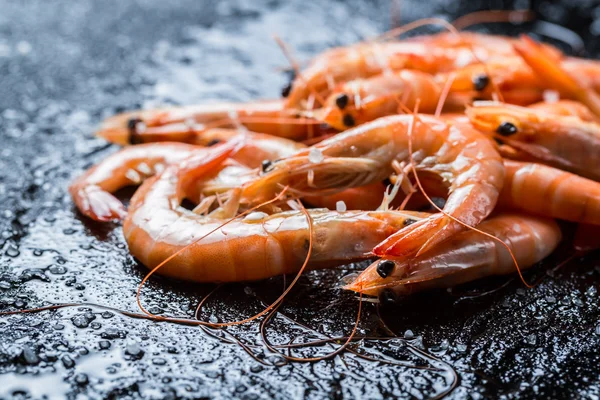 Freshly caught shrimp on black rock — Stock Photo, Image